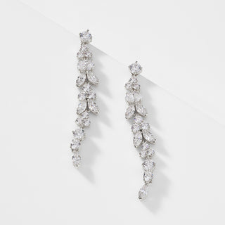 FRONT VIEW IMAGE OF THE PRIMA CZ LONG LINEAR EARRINGS IN RHODIUM PLATING.